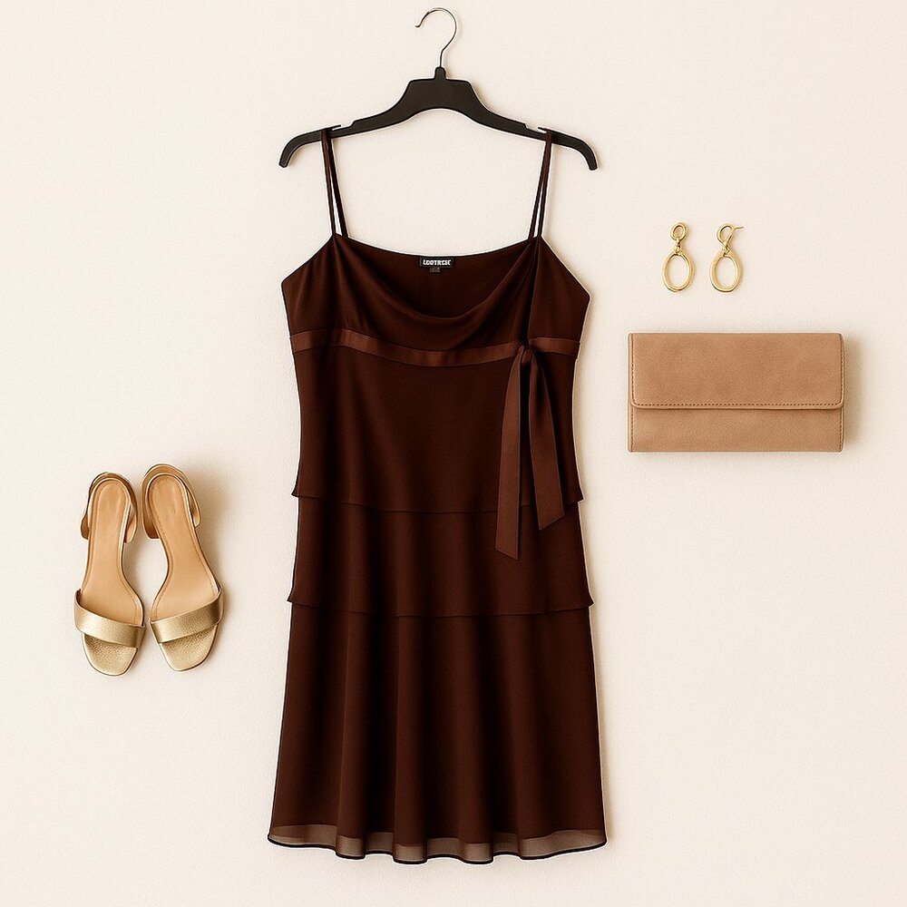 NWT Jones Wear Chocolate Brown Tiered Chiffon Cocktail Dress | Size 14 - Picture 2 of 8